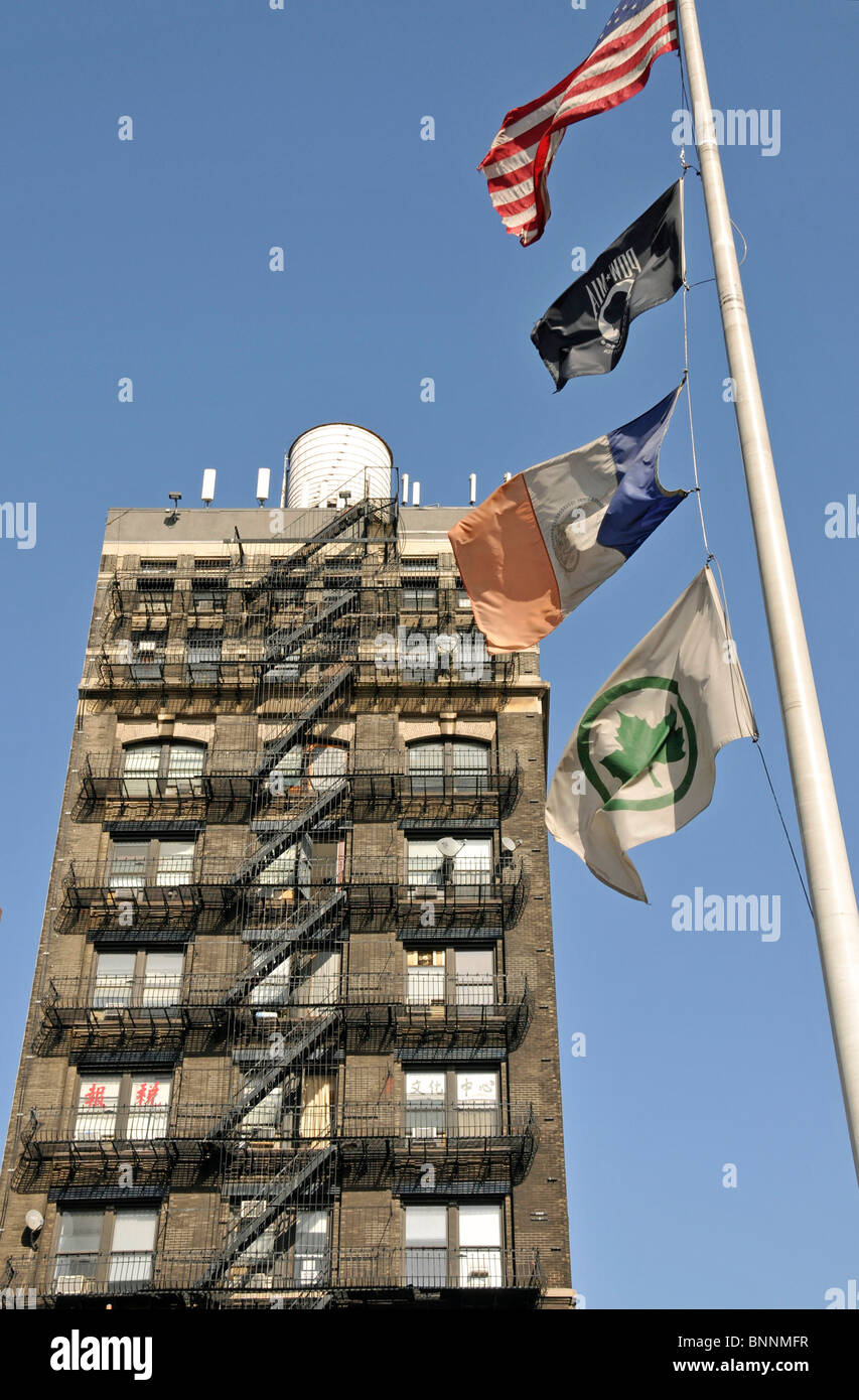 America American apartment building architecture outside view outdoor architecture building Chinatown city facade fire escape Stock Photo