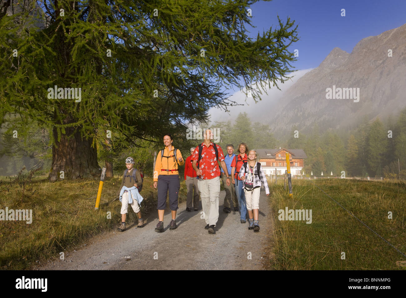 Switzerland swiss walking hiking group Val Bever portrait run walk hike larches footpath canton Graubünden Grisons Bündnerland Stock Photo