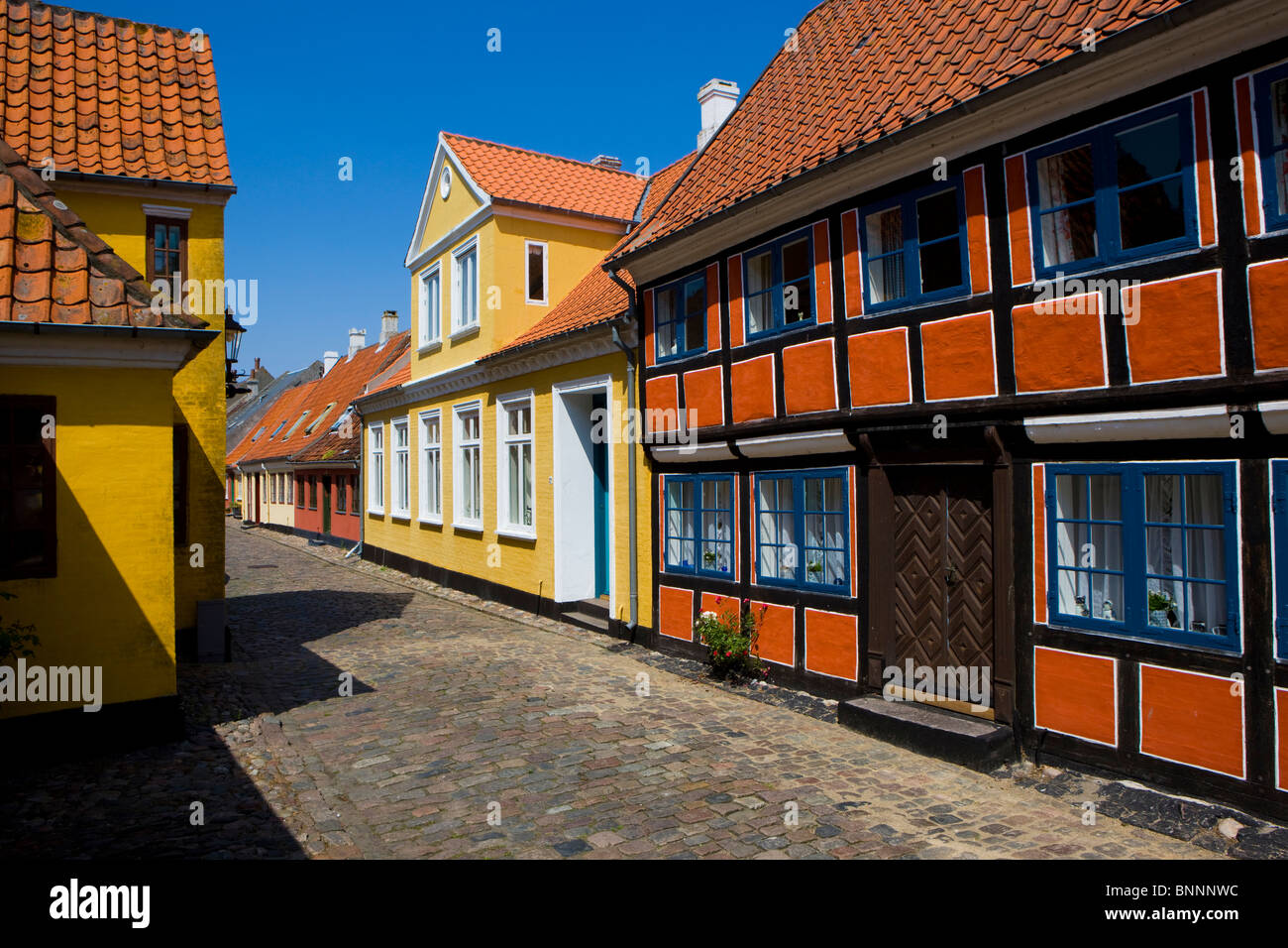 Aeroskobing Denmark island isle town city houses half-timbered Old Town street cobblestones Stock Photo - Alamy