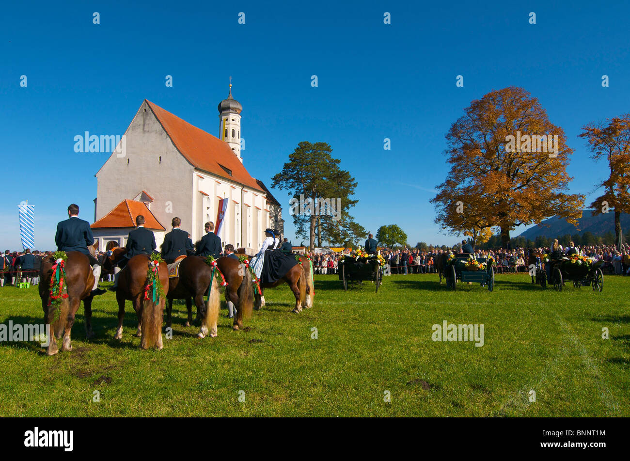 Allgaeu Allgäu Germany pilgrimage Saint Koloman Bavaria horses no model release church Stock Photo