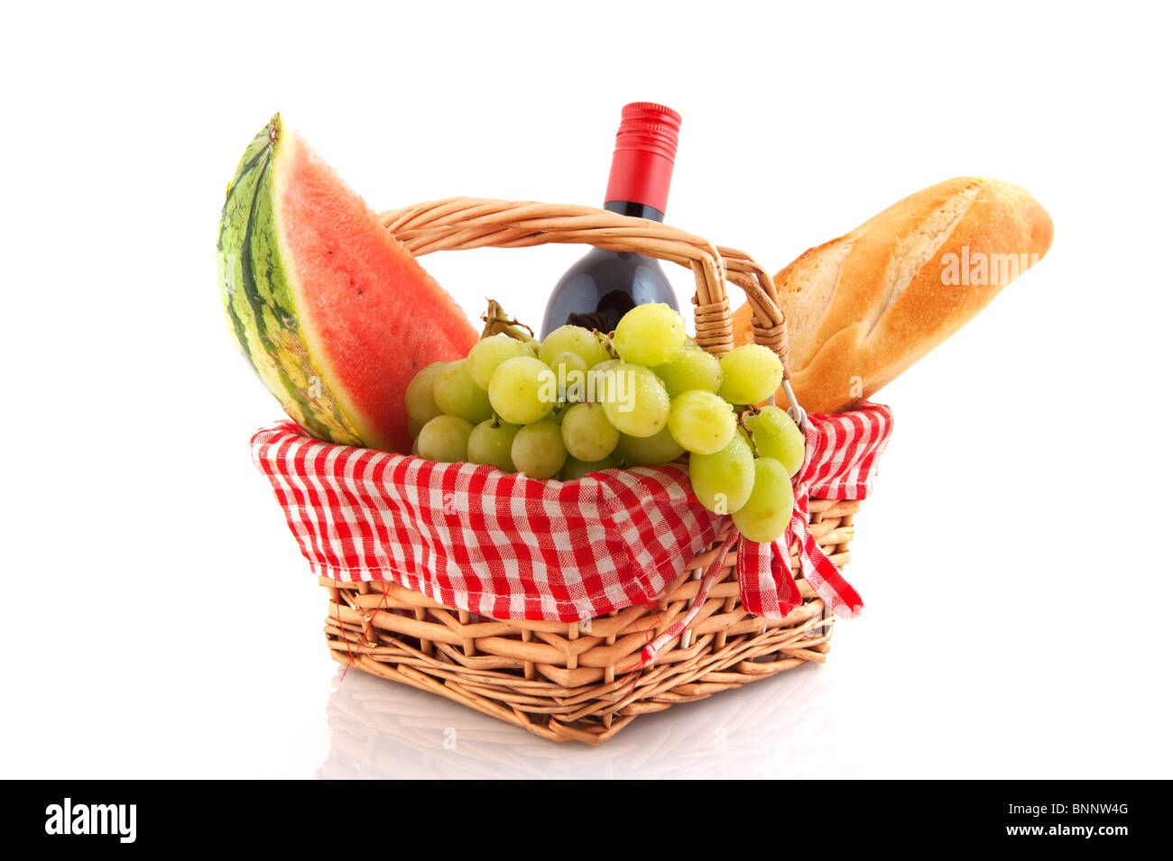Picnic basket filled with healthy food and wine Stock Photo - Alamy