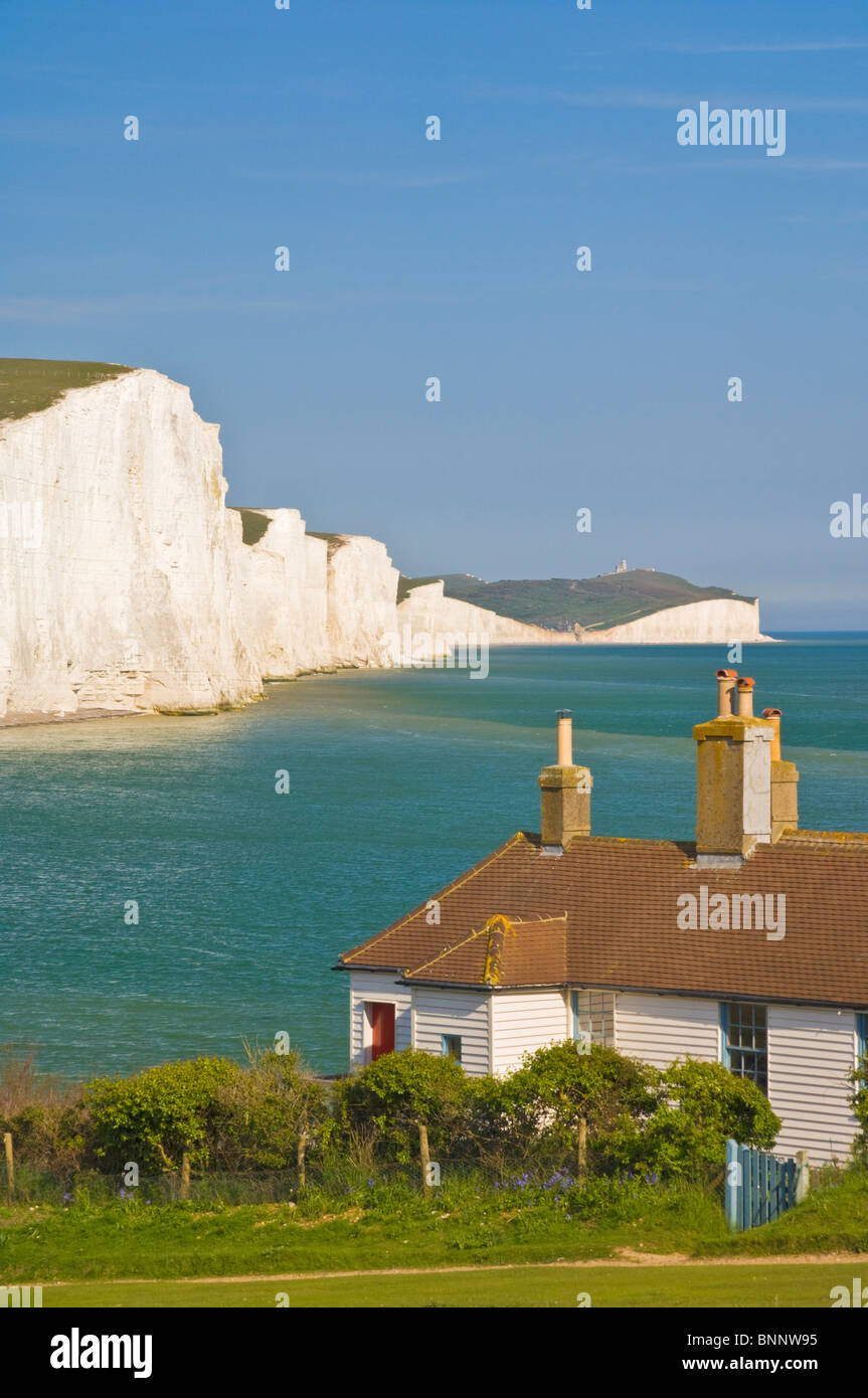 The Seven Sisters cliffs, the coastguard cottages South Downs Way, South Downs National Park, East Sussex, England, UK, GB, Stock Photo