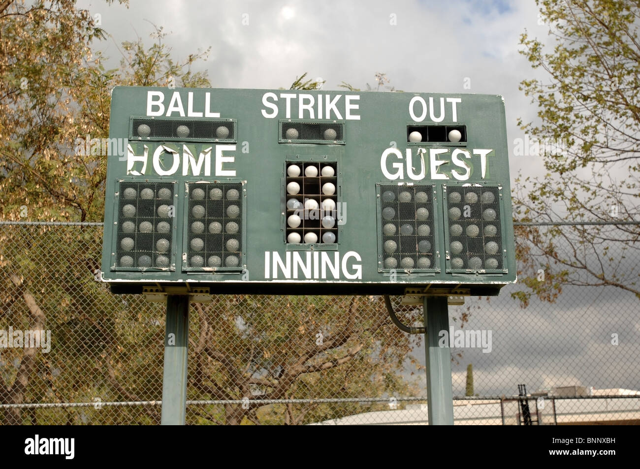 Scoreboard for a baseball field showing both age and use. Stock Photo