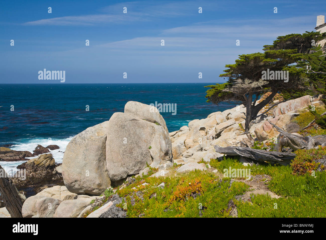 Rocky rugged Pacific Ocean coast on 17-Mile Drive at Pebble Beach on the Monterey Peninsula California Stock Photo