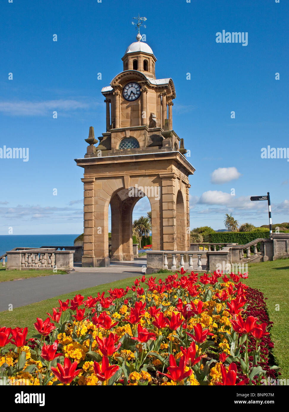 Clock Tower and South Cliff Gardens Scarborough Yorkshire UK Stock Photo