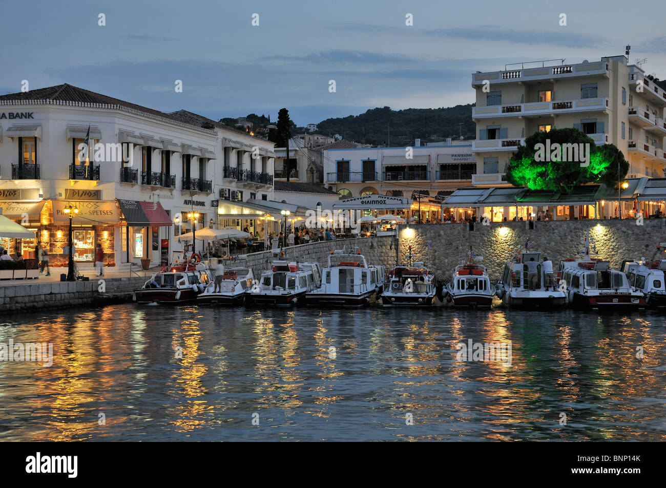 Spetses town during dusk time, Spetses island, Greece Stock Photo
