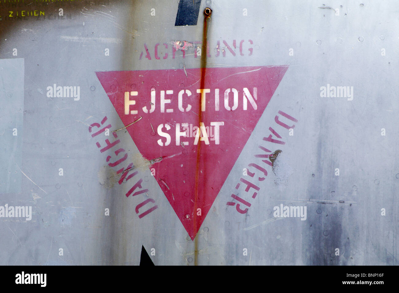 The ejection seat sign on a Hawker Siddley Harrier plane Stock Photo