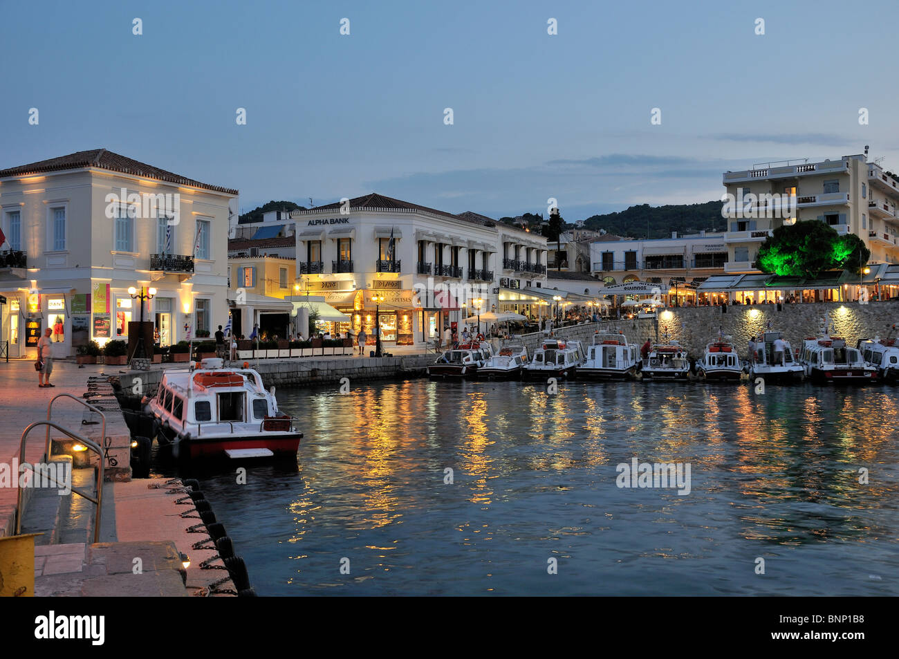 Spetses town during dusk time, Spetses island, Greece Stock Photo