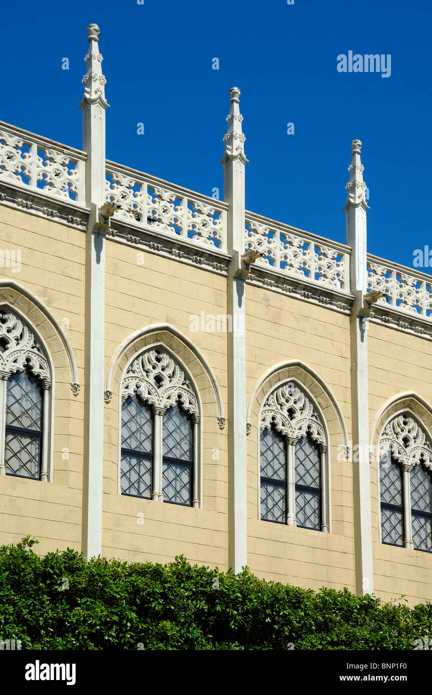 Windows & Pinnacles of the Neo-Gothic Chapel of Franciscan School, Melilla, Spain Stock Photo