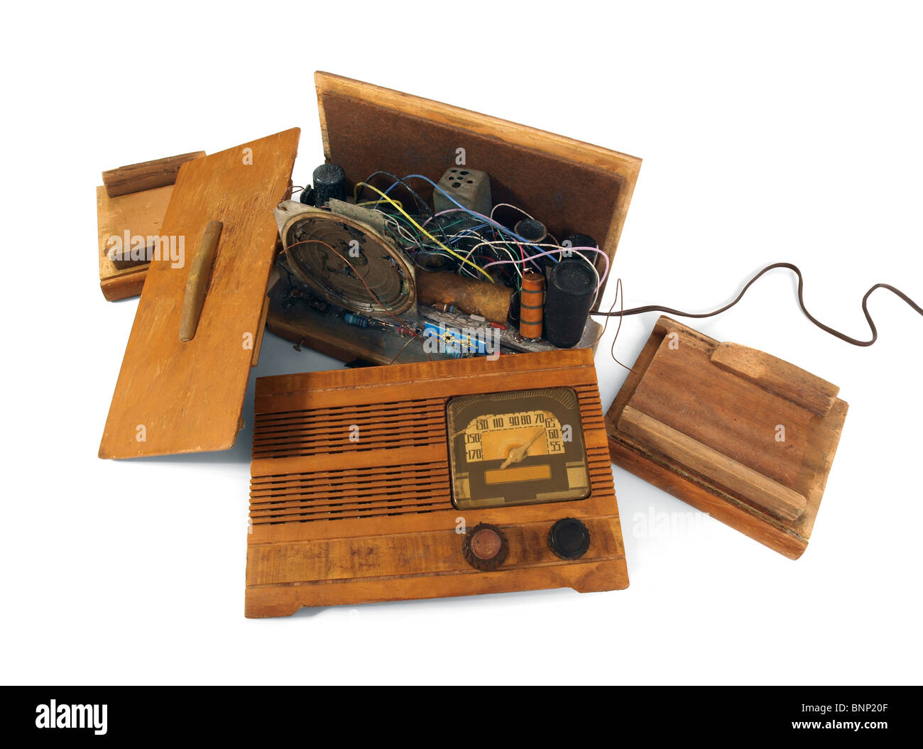 Vintage art deco radio. Smashed to pieces. Stock Photo
