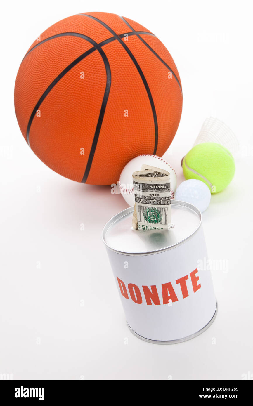 Donation Box and balls, concept of sport funds Stock Photo