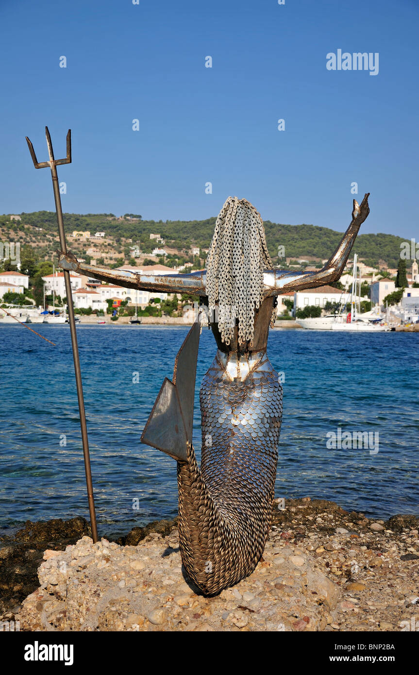 Metal mermaid at Faros area, old port, Spetses town, Spetses island, Greece Stock Photo