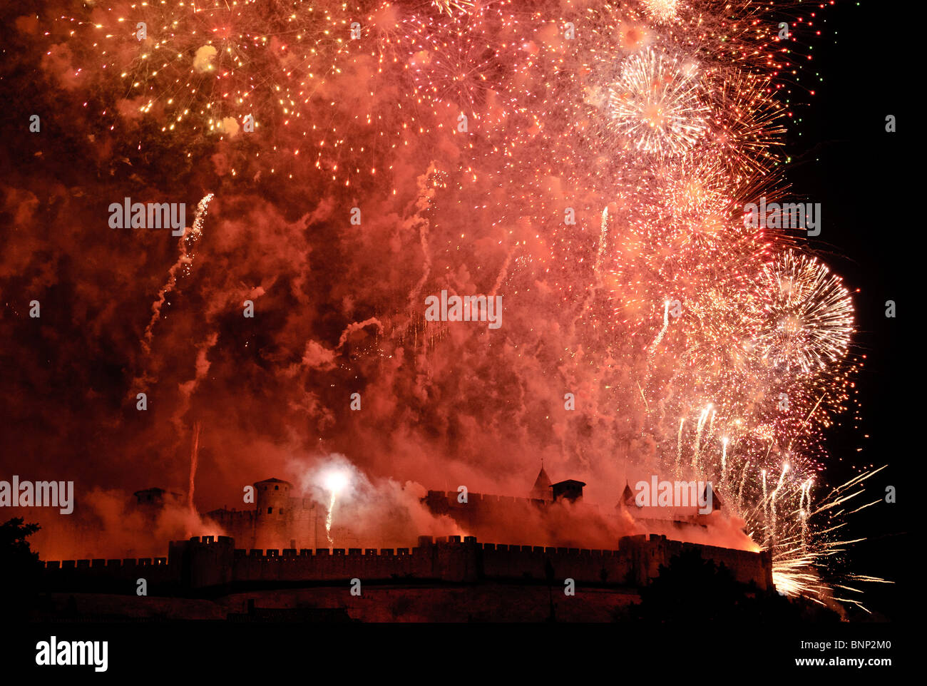 Fireworks on Bastille day in the old walled city in Carcassonne