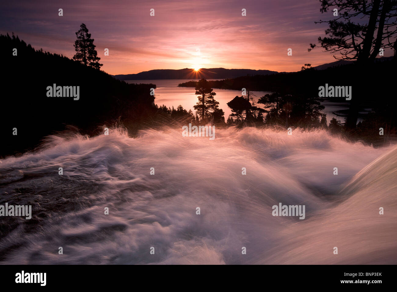 Sunrise at Eagle Falls above Emerald Bay, Lake Tahoe, California, USA. Stock Photo