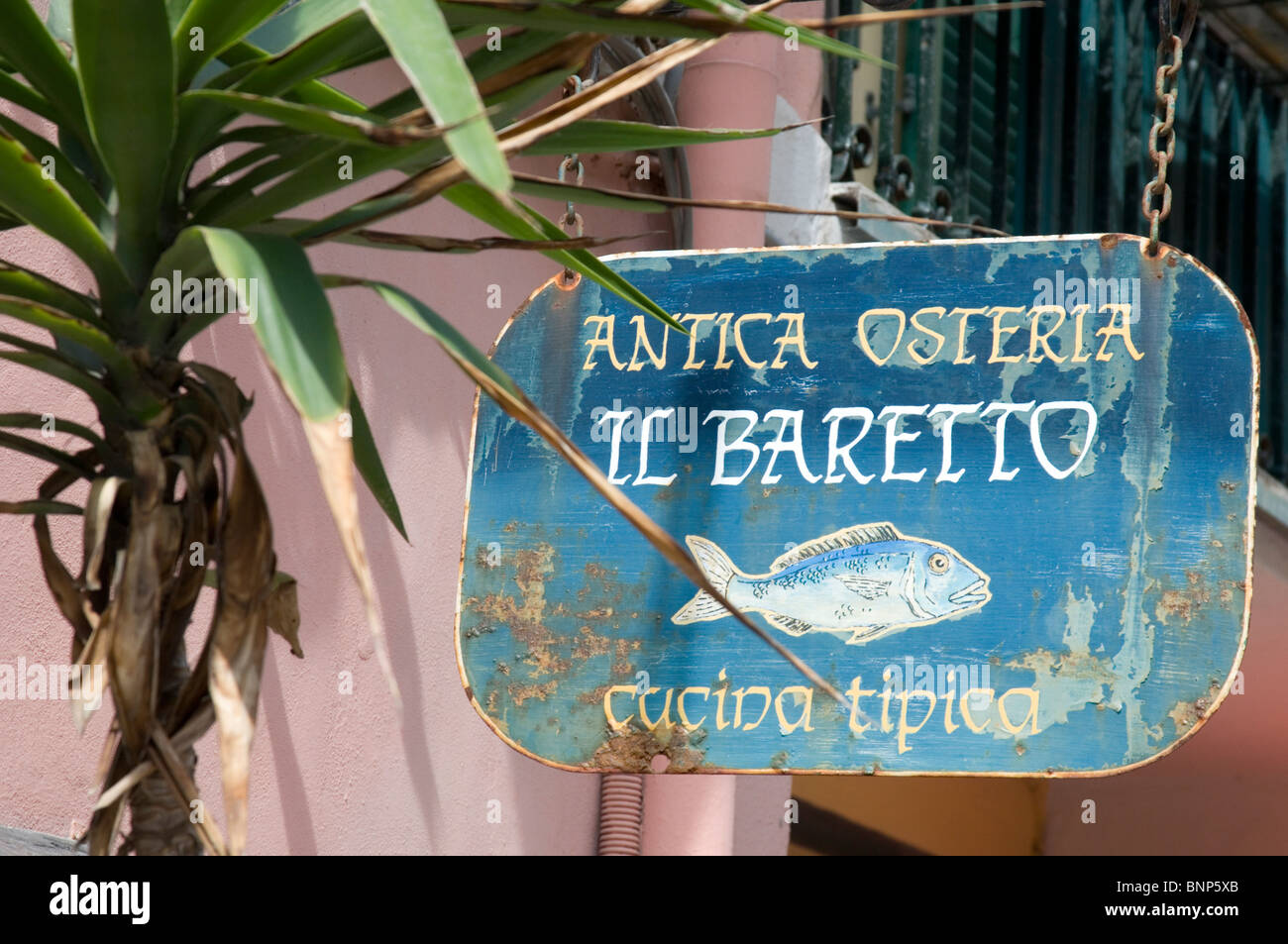 Restaurant sign at Vernazza on the Cinque Terre, Italy Stock Photo