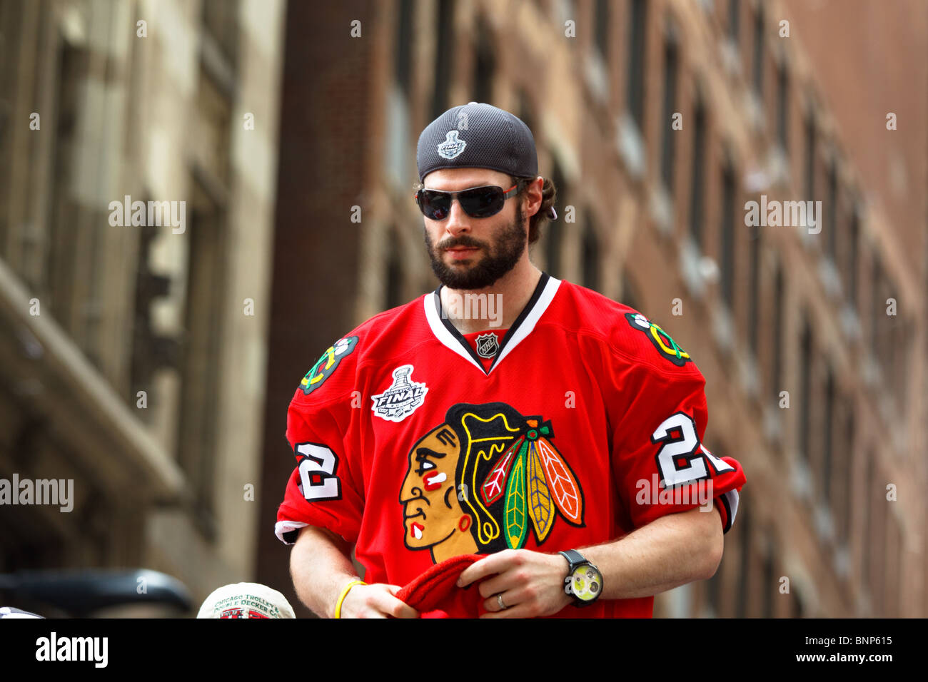 Chicago Blackhawks 1984-1985 Troy-brouwer-of-the-chicago-blackhawks-at-the-2010-blackhwaks-parade-BNP615