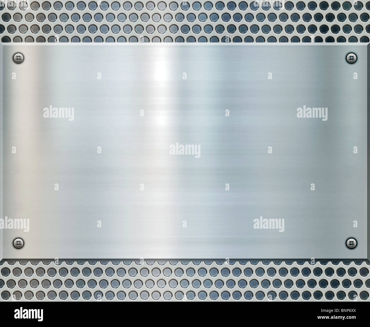 shiny metal plate on holed aluminium background Stock Photo