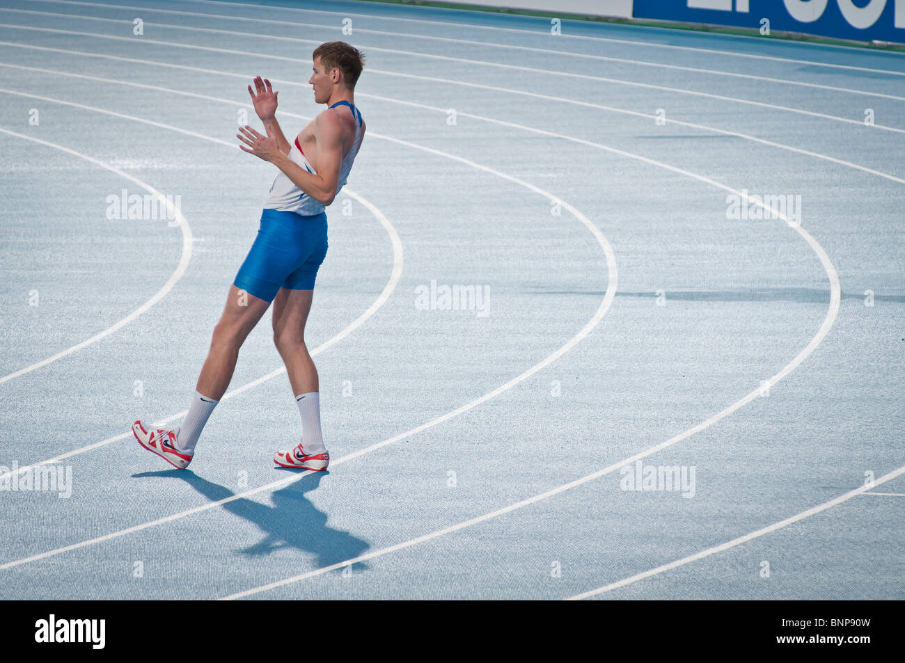 July 29th at the 2010 Barcelona European Athletics Championships (High jump gold medl winner Russian Aleksander Shustov) Stock Photo