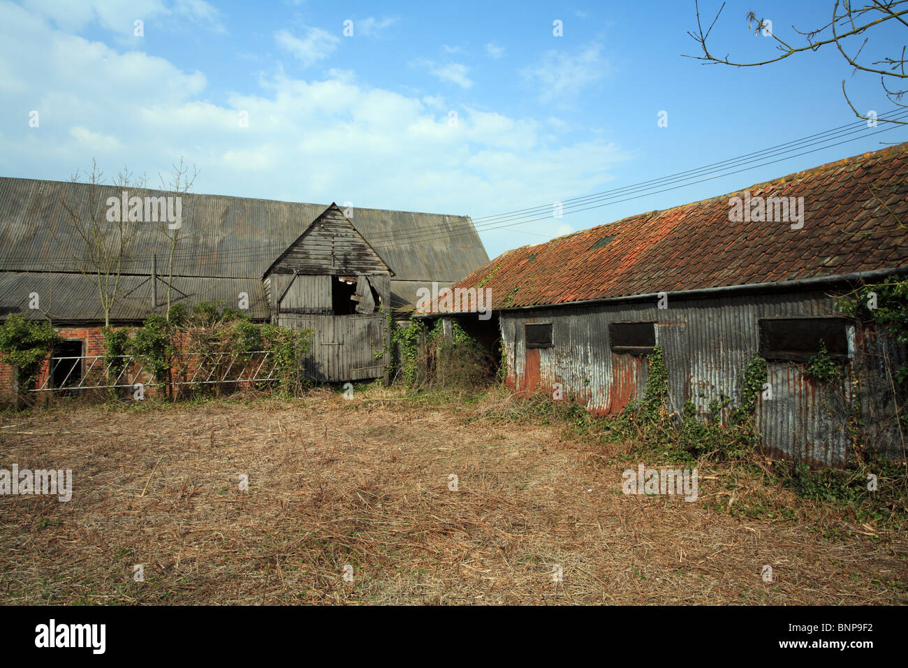 An old derelict barn with both corrugated sheet and clay tile roof ...