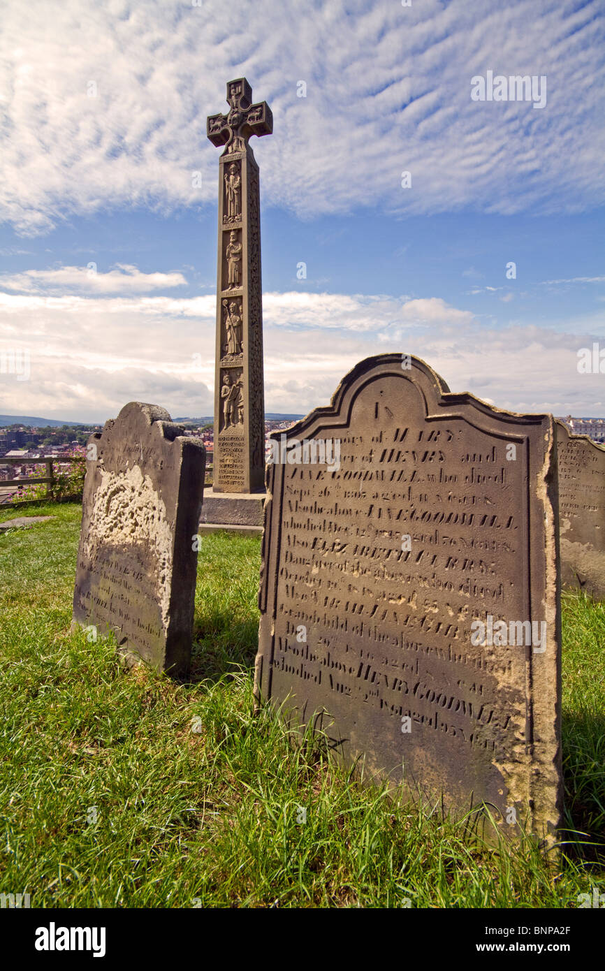 The Caedmon Cross in the St Marys Church Graveyard,Whitby,Yorkshire Stock Photo