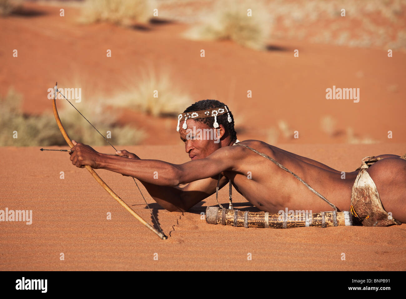Bushman/San People. Male San hunter armed with traditional bow and arrow. Stock Photo