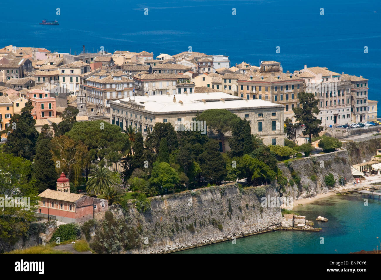 View over Venetian traditional style buildings in Corfu Old Town on the Greek island of Corfu Greece GR Stock Photo