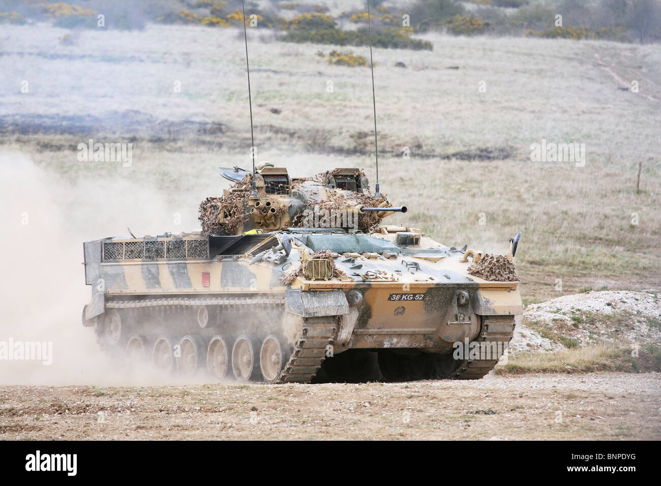 Warrior Armoured Fighting Vehicle driving on Salisbury Plain. Stock Photo