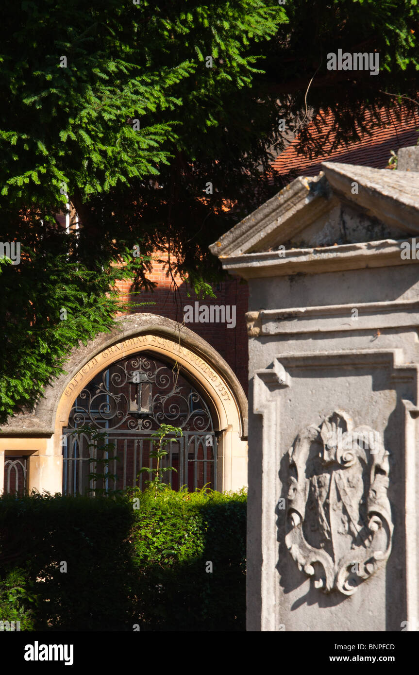 The entrance gate of Enfield Grammar school, London, seen from the churchyard next door. Stock Photo