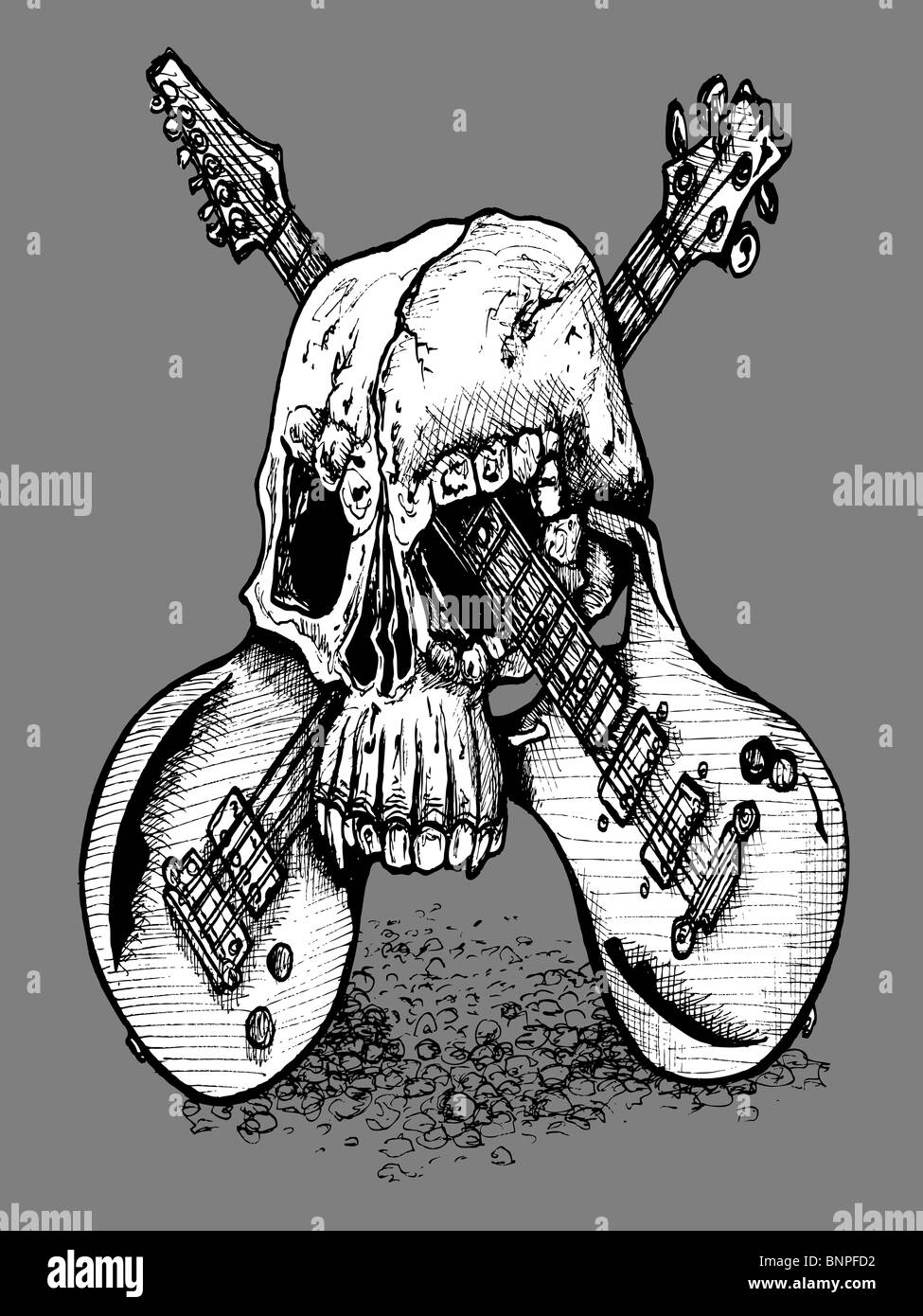 Line drawing of a skull and two crossed guitars on a grey background Stock Photo