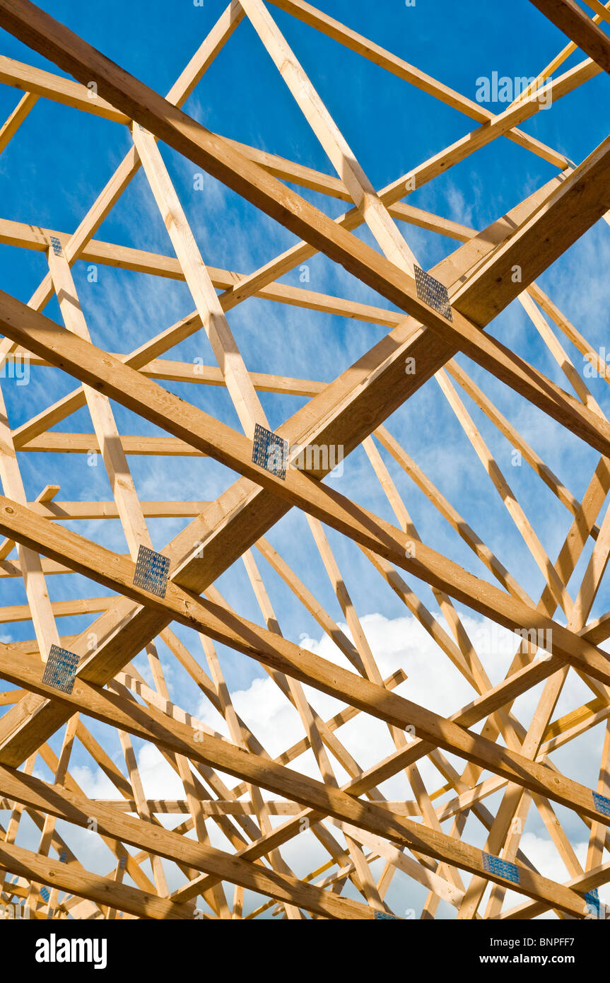 New house construction / prefabricated roof A-frames  - Indre-et-Loire, France. Stock Photo