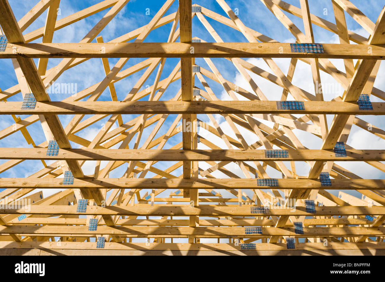 New house construction / prefabricated roof A-frames  - Indre-et-Loire, France. Stock Photo