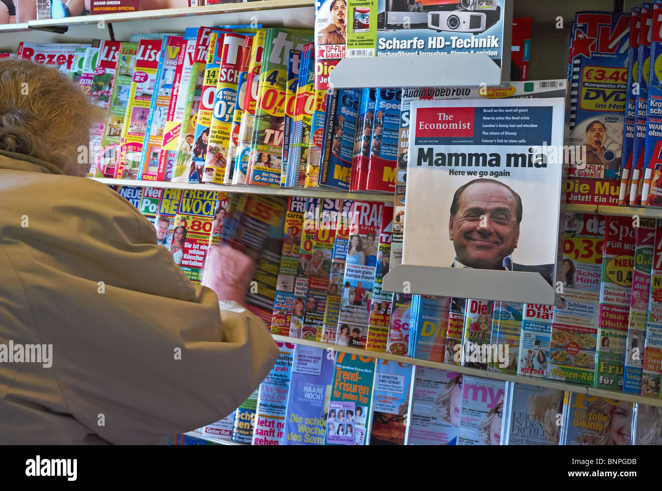 Magazines in a newspaper kiosk, Berlin, Germany Stock Photo