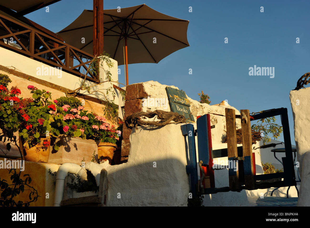 Outdoor restaurant in the town of Oia Santorini Cyclades Islands Greece Stock Photo