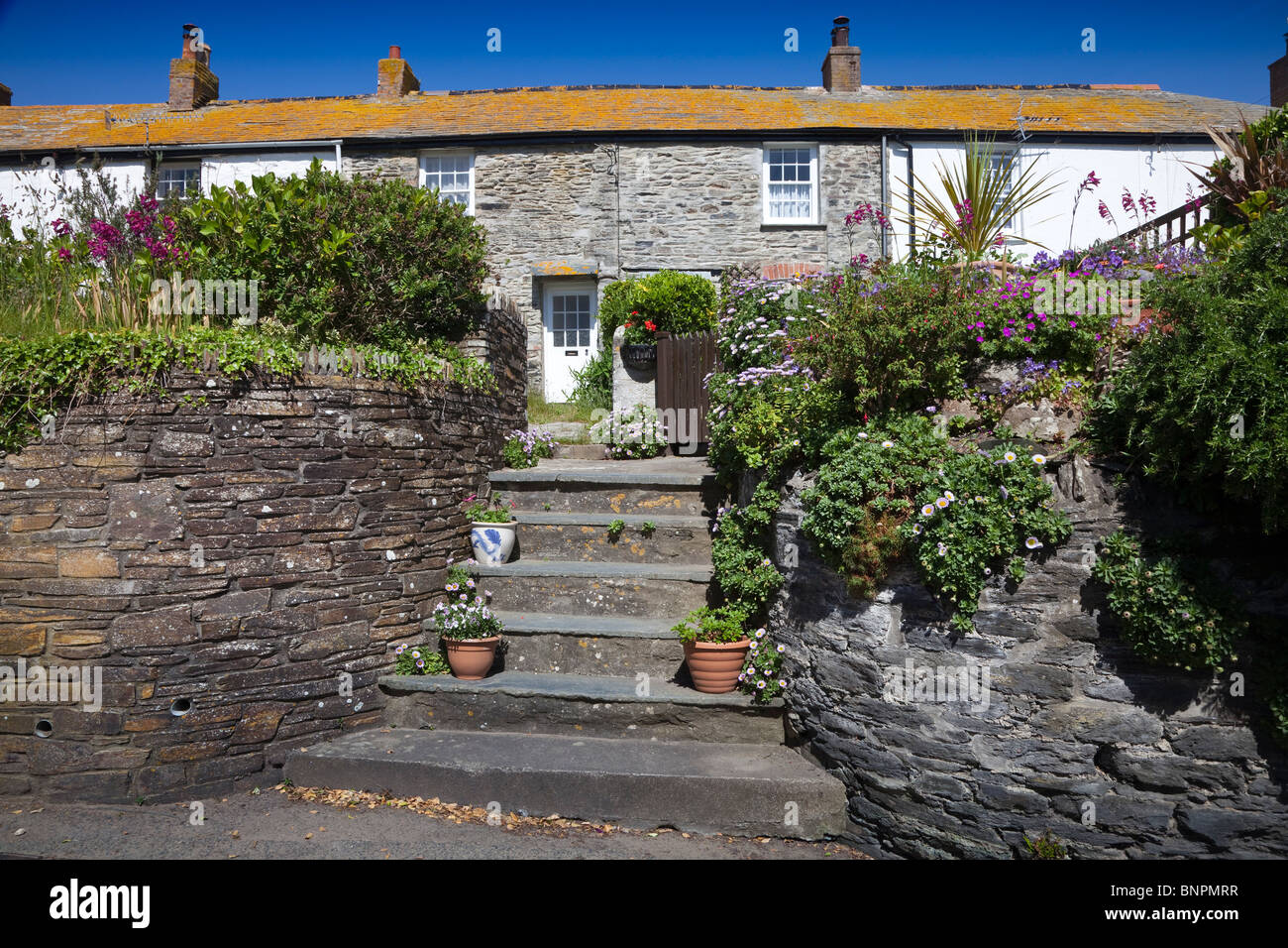 Harbour cottages Port Issac, Cornwall, bright sunshine. stone steps Stock Photo