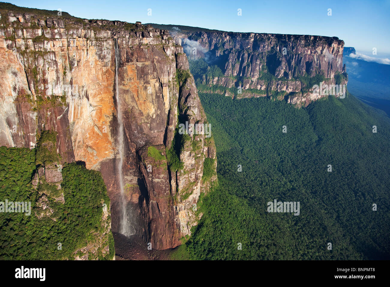 Angel Falls plummets nearly 979 meters from a Tepui. It is located on top of the Auyantepui. Venezuela Stock Photo