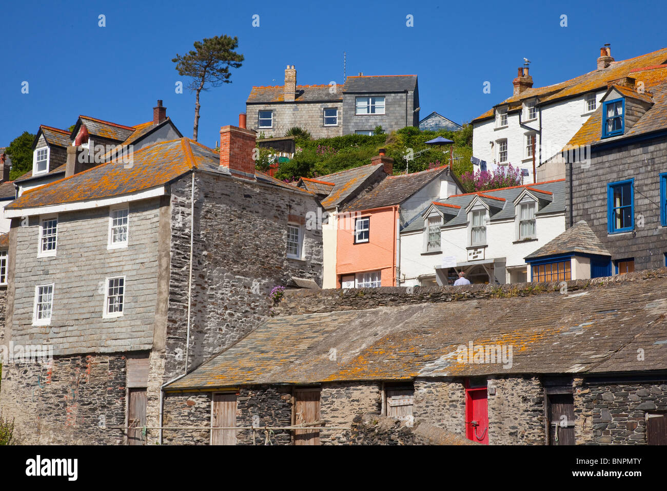 Harbour cottages Port Issac, Cornwall, bright sunshine. Stock Photo