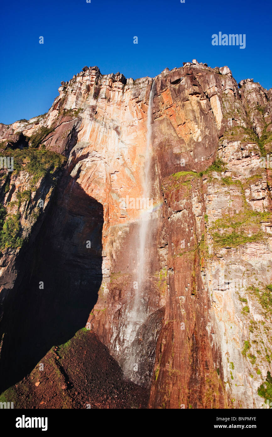 Angel Falls plummets nearly 979 meters from a Tepui. It is located on top of the Auyantepui. Venezuela Stock Photo