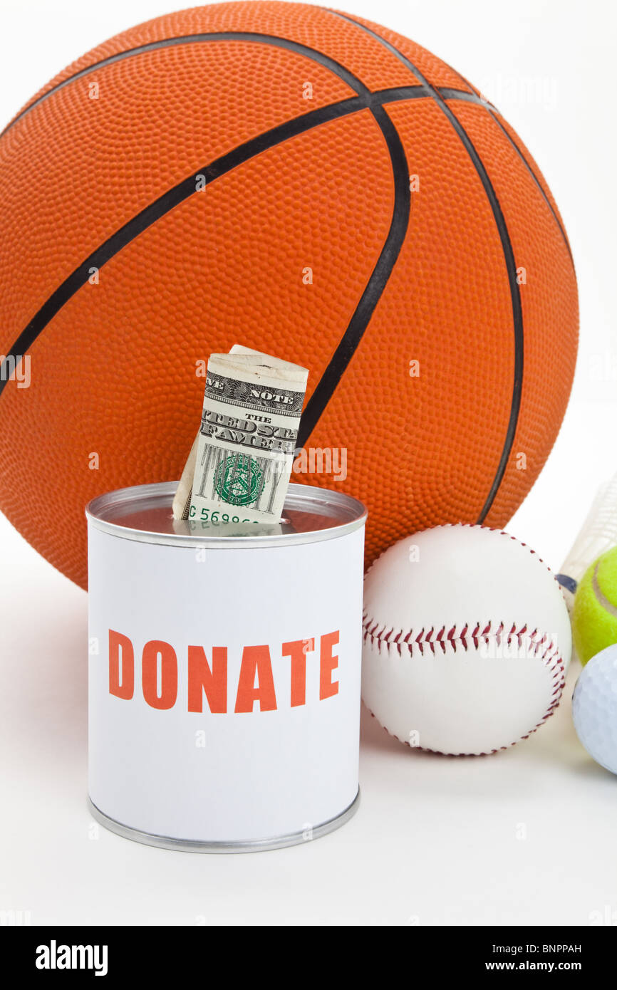 Donation Box and balls, concept of sport funds Stock Photo