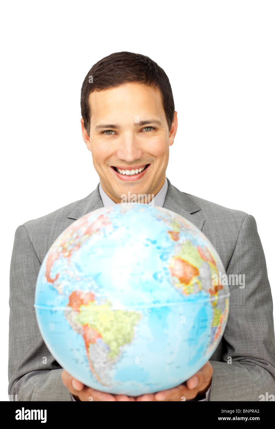 Male customer service representative holding a globe Stock Photo Alamy
