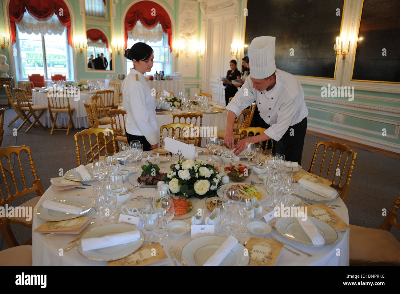 Preparations for formal dinner in Peterhof Palace, Saint Petersburg, Russia Stock Photo