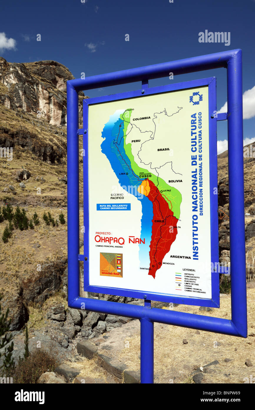 Sign with map of Inca Empire for Qhapaq Ñan Inca road project at the site of the last Inca suspension bridge, Qeswachaca, Cusco Region, Peru Stock Photo