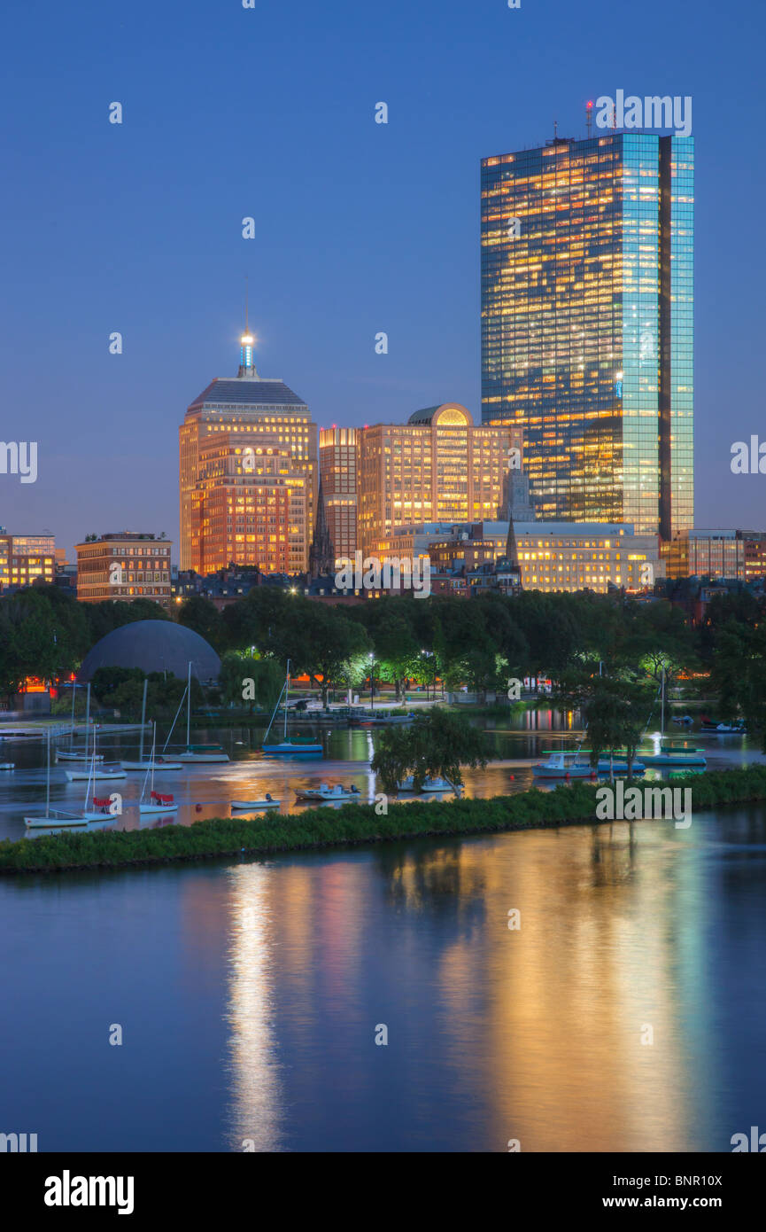 Twilight view of the Boston skyline including John Hancock Building as seen from the Longfellow Bridge. Stock Photo