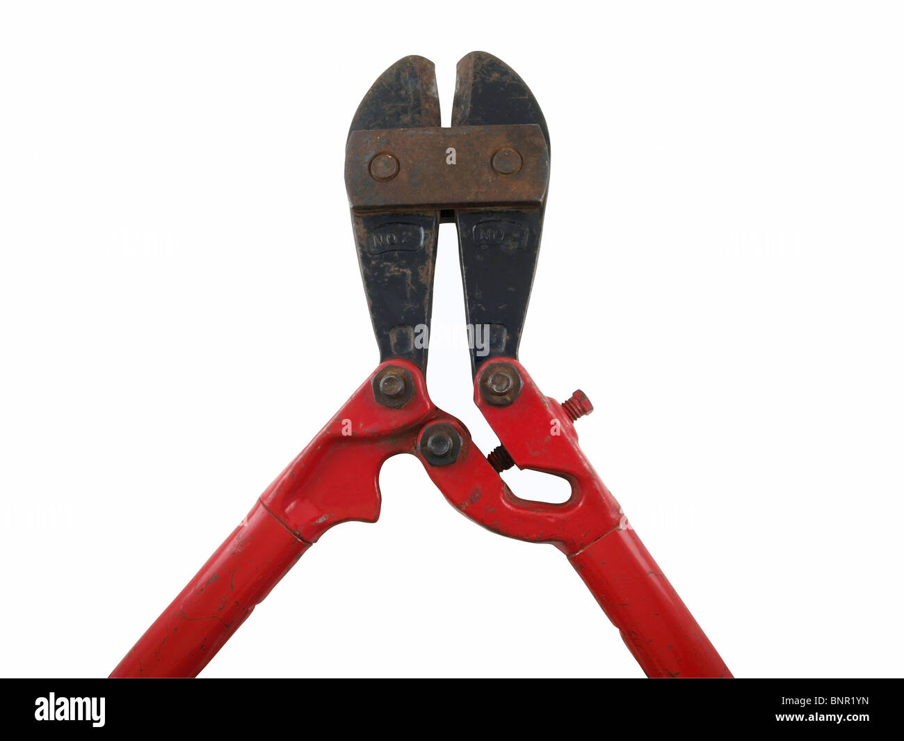 A large well used bolt cutter. The destroyer of 1000 chains. Stock Photo