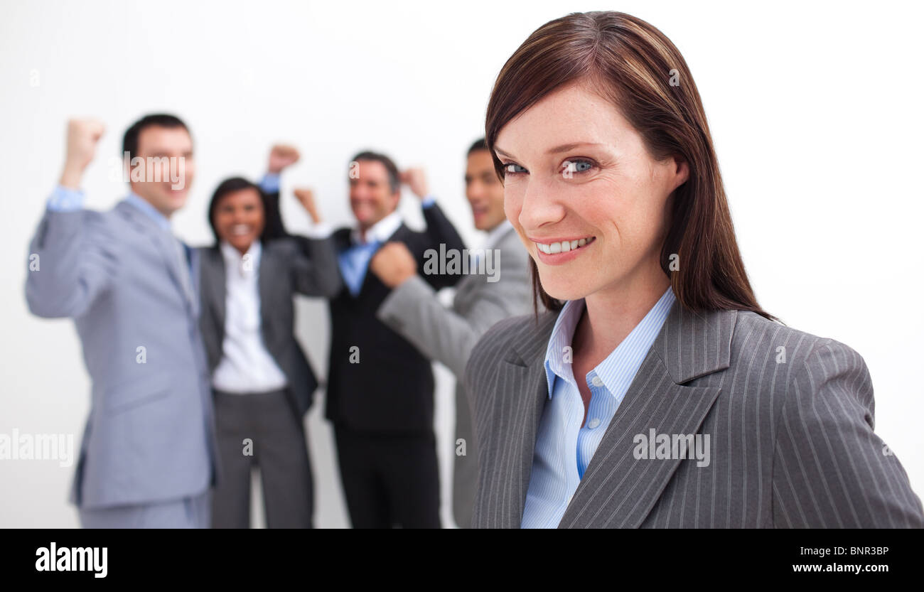 Happy business team celebrating a success Stock Photo - Alamy