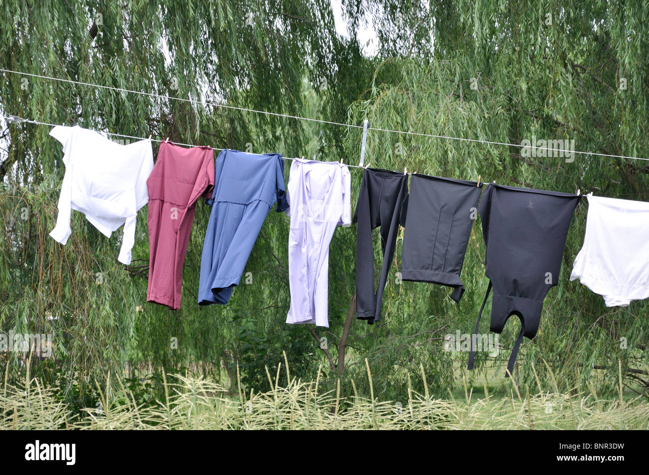 Amish clothes drying on wire, Amish country, Pennsylvania, USA Stock