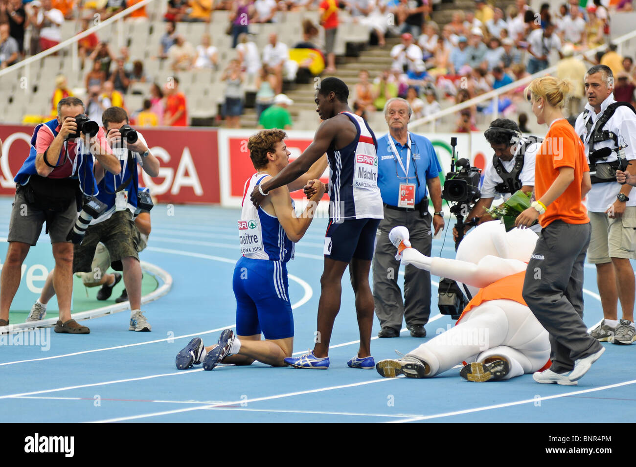 BARCELONA Aug 1st 2010: French athlete Christophe Lemaitre in his 100m victory. Stock Photo