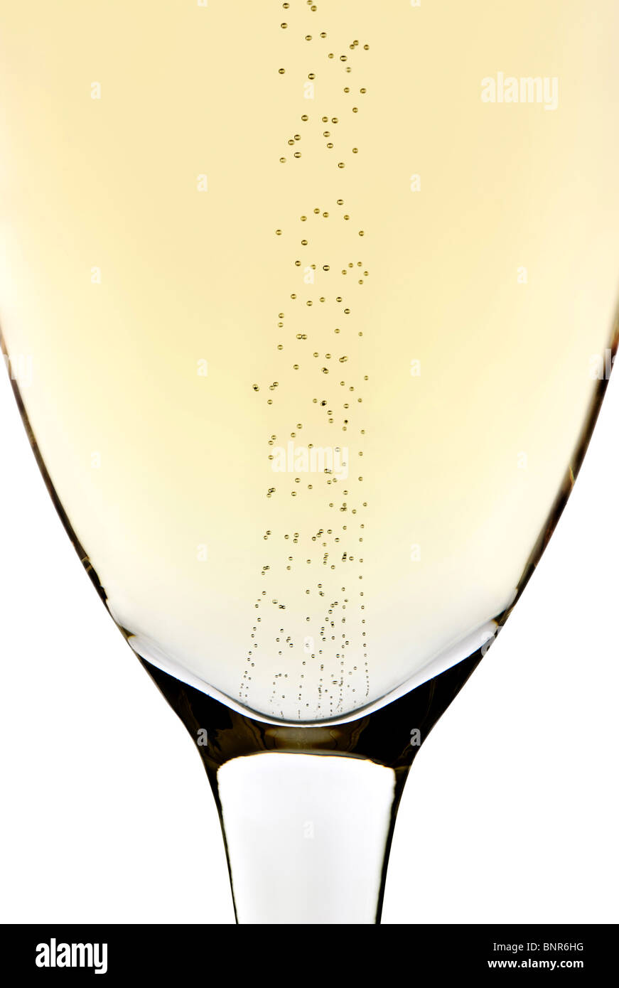 Close-up of rising bubbles in a champagne glass (isolated on white background) Stock Photo