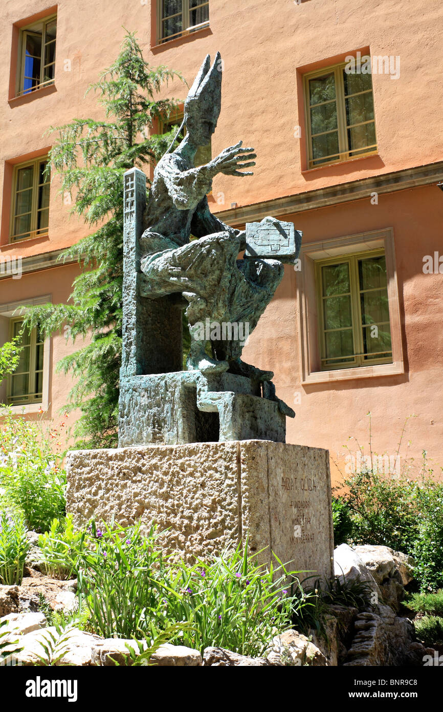 Statue of Abbott Oliba at Montserrat (serrated mountain) west of Barcelona, in Catalonia, Spain. Stock Photo