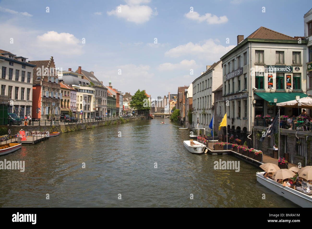 Ghent Belgium EU View along the River Leie in the historic district of this lovely city Stock Photo
