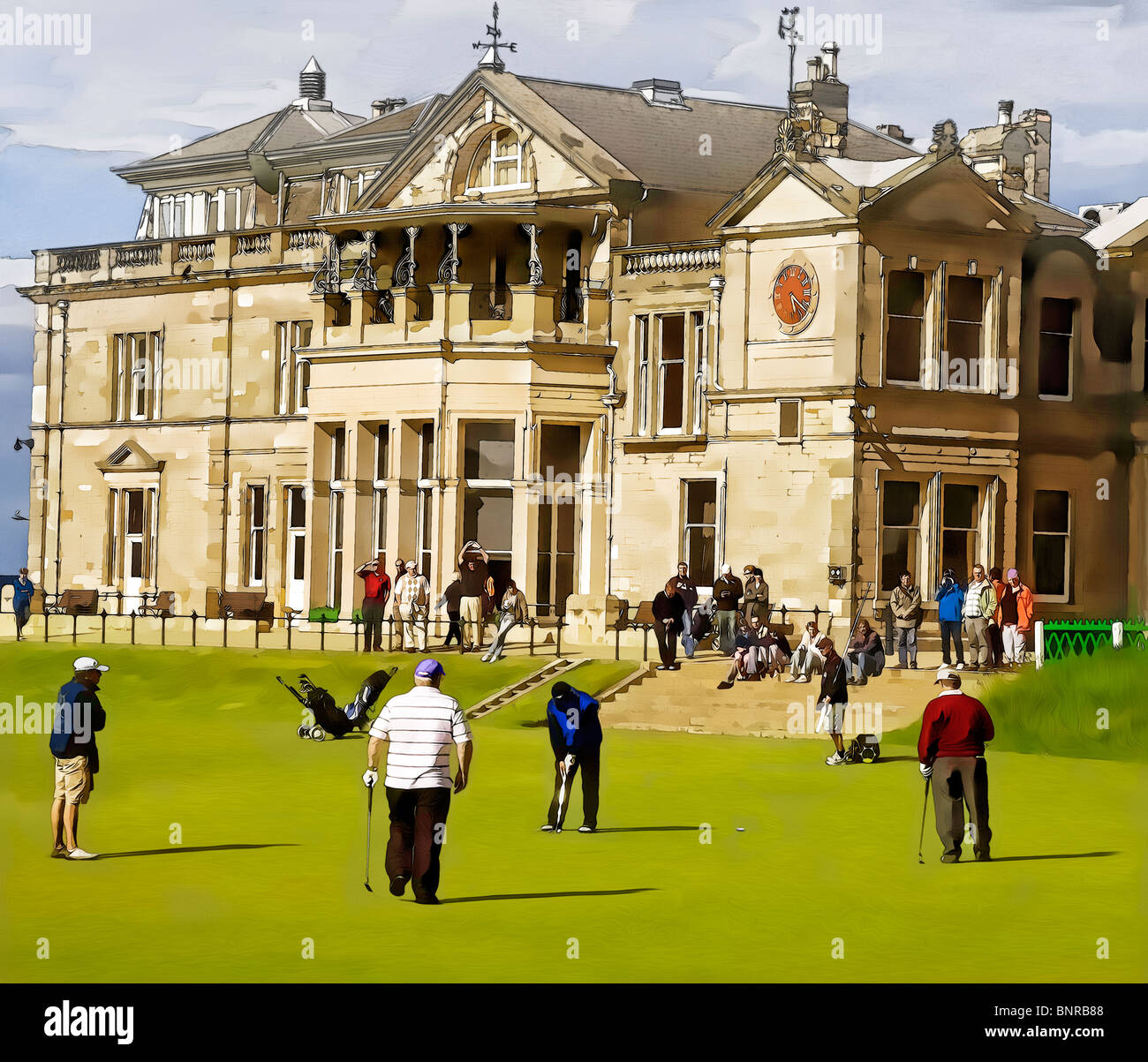 illustration of the 18th green and Clubhouse on the Old Course at the Royal and Ancient Golf Club, St Andrews, Fife, Scotland. Stock Photo